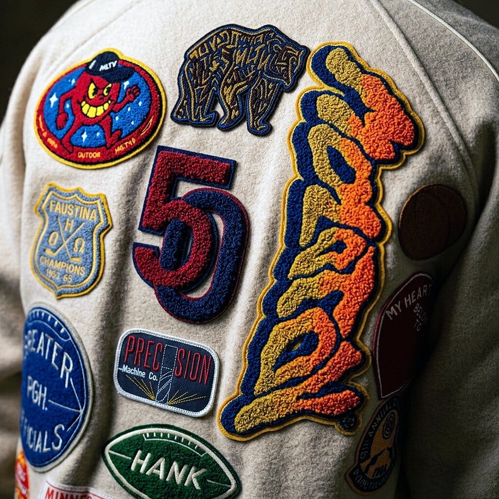 Bold mascot chenille patch on a varsity jacket