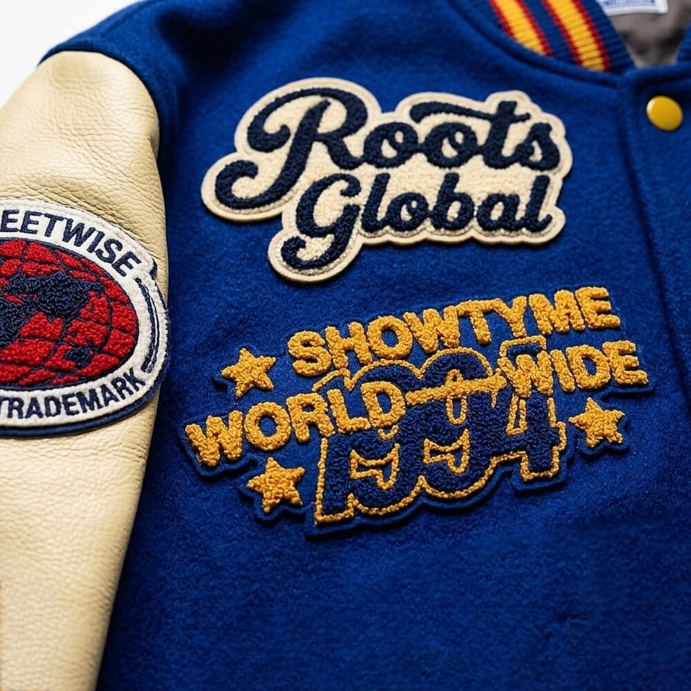 Bear mascot chenille patch on a varsity jacket