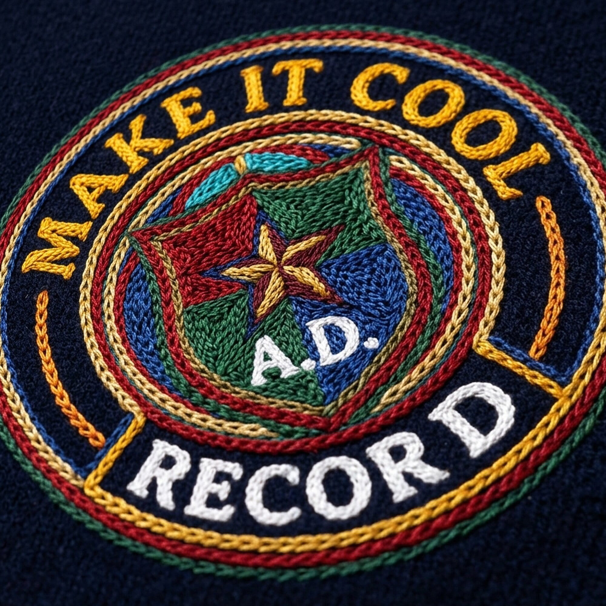 Bold multi-color chain stitch emblem with metallic thread