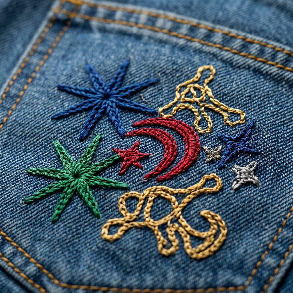 Chain stitch embroidery on a performance garment