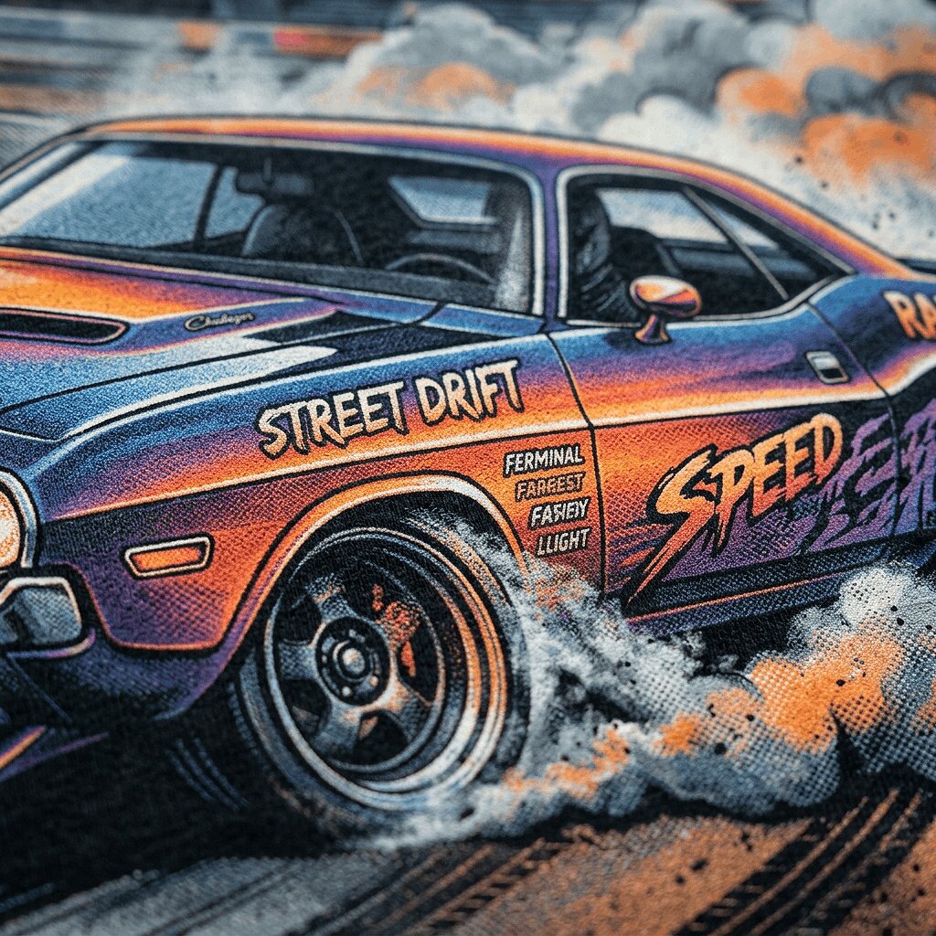 Close-up of a full-color DTG print on a cotton t-shirt