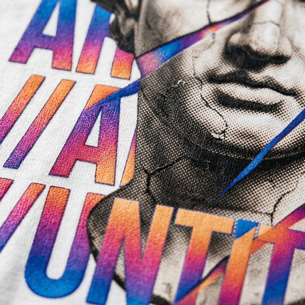Close-up of a bold screen print on a t-shirt