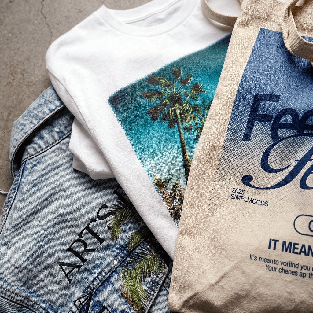 Full-color DTG prints showcased across a t-shirt, hoodie, crewneck, tote bag, and long-sleeve tee