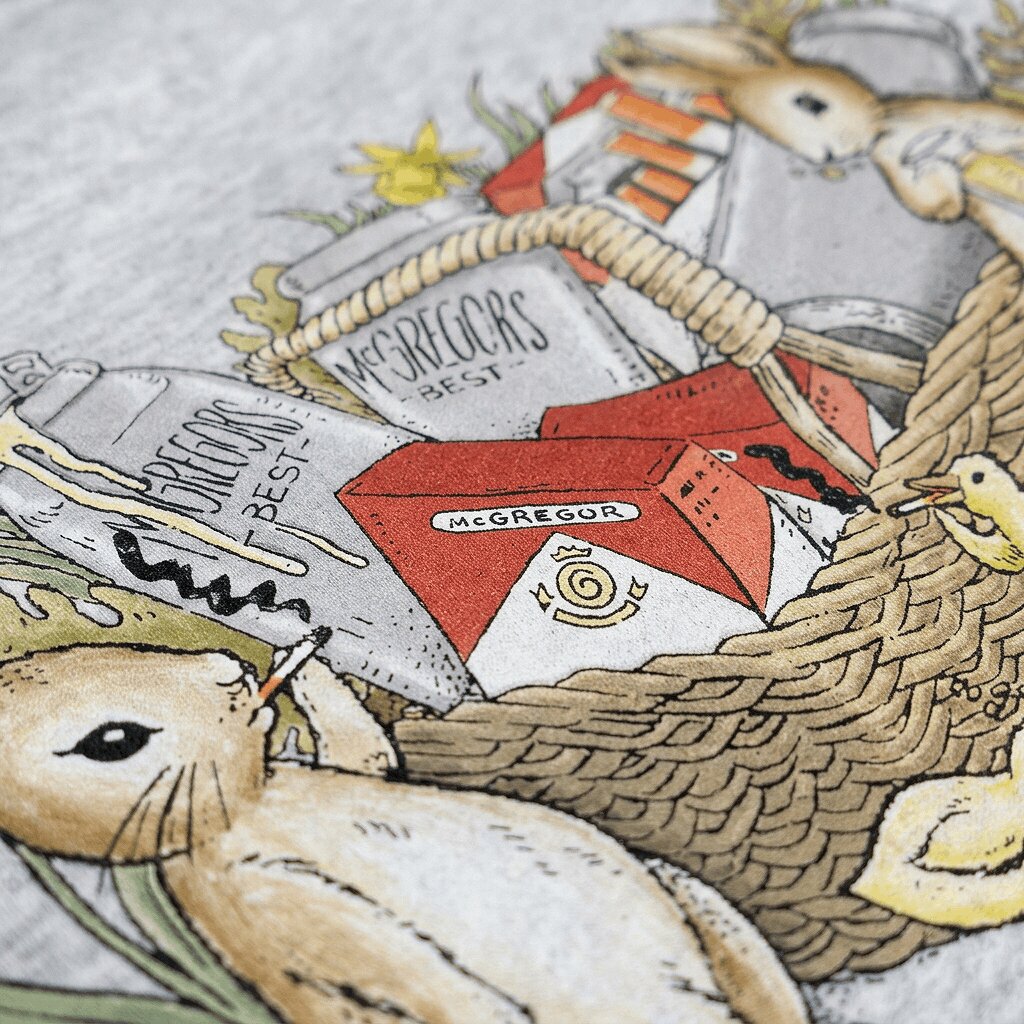 DTG-printed apparel with a full-color streetwear graphic