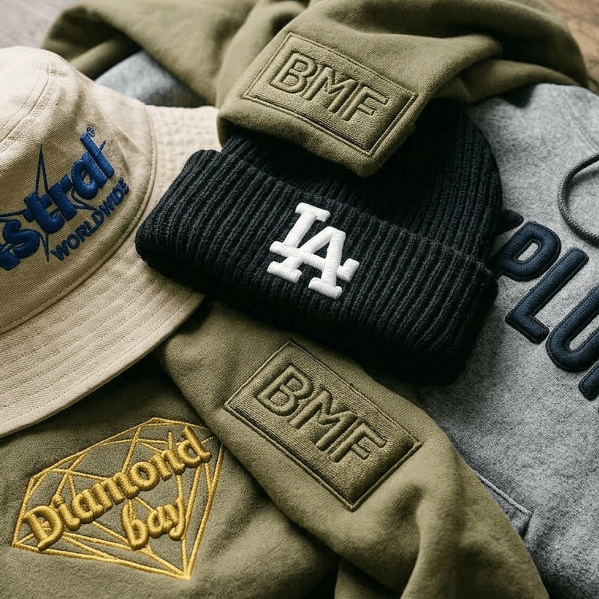 Custom puff-embroidered caps and apparel proofs