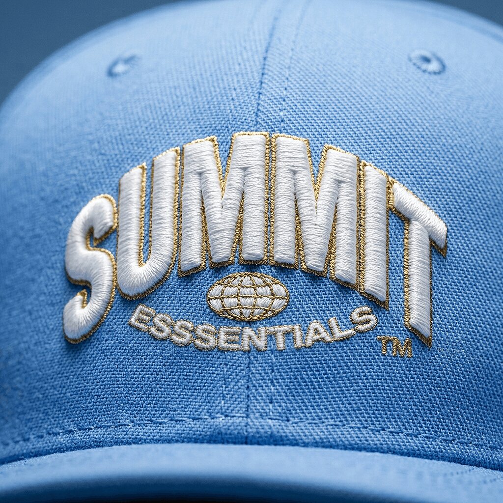 white 3D puff embroidered logo on a light blue cap