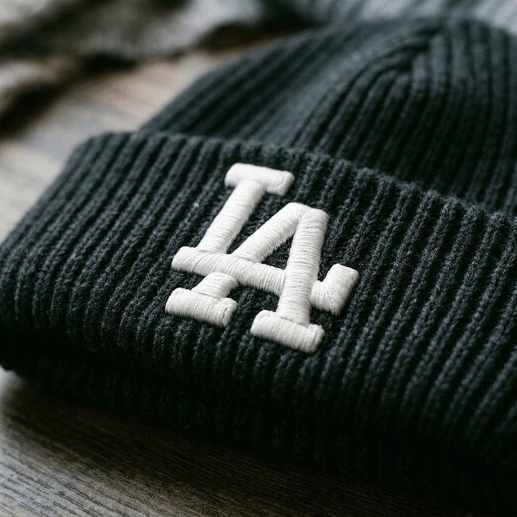 Foam-raised puff embroidery edge on a beanie