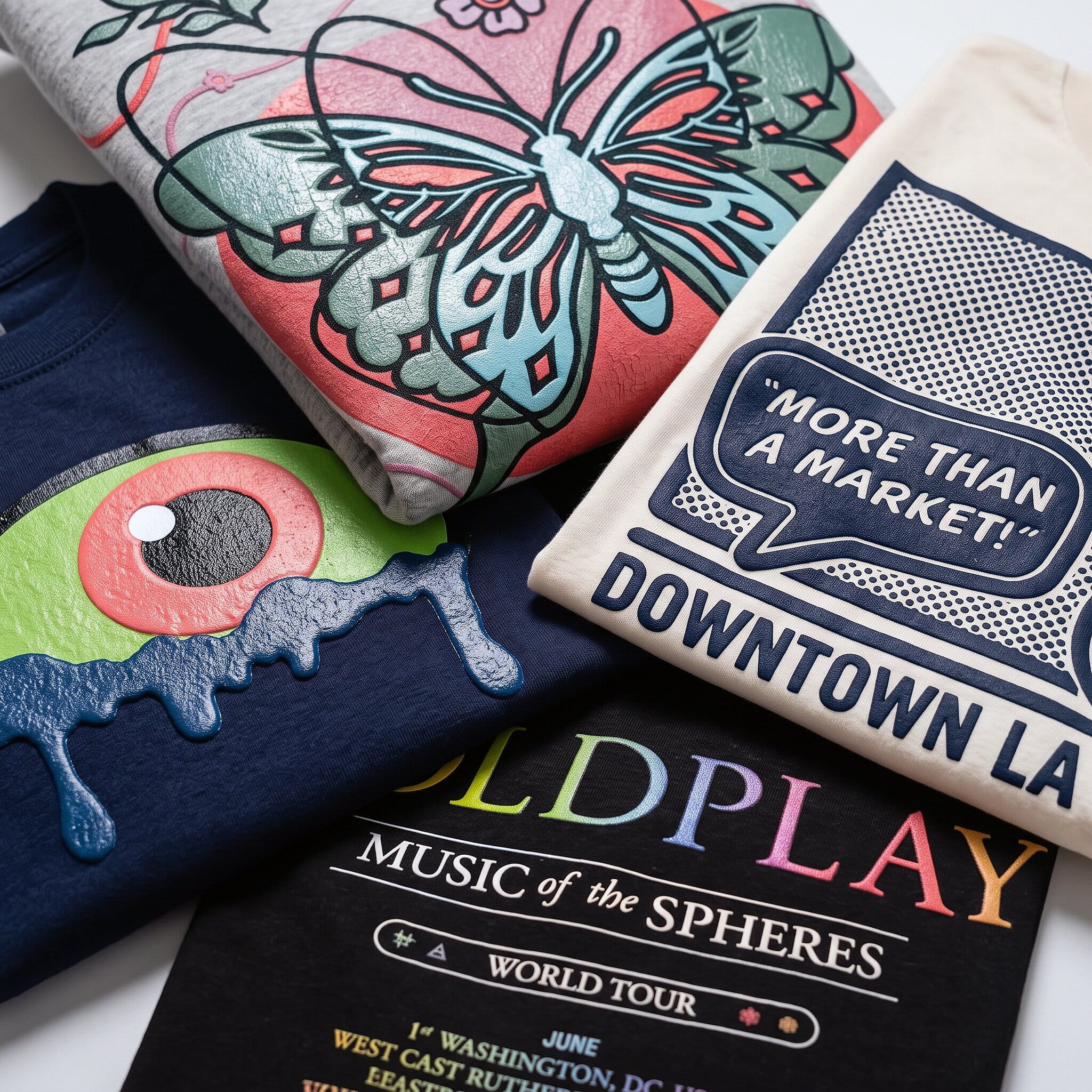 Flat-lay of bold vivid plastisol-printed tees, hoodies, and sweatpants
