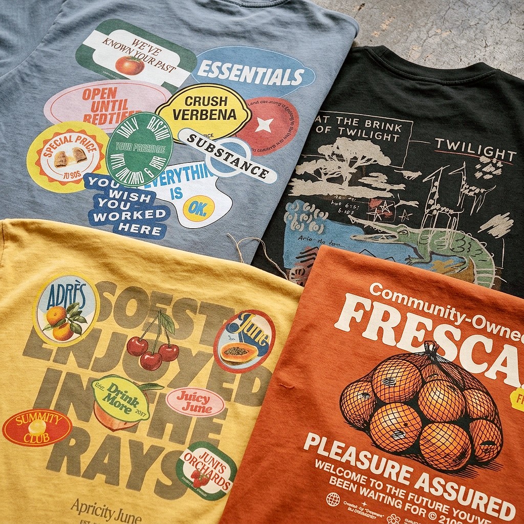 Flat-lay of soft soaked-in water-based-printed tees, hoodies, and sweatpants