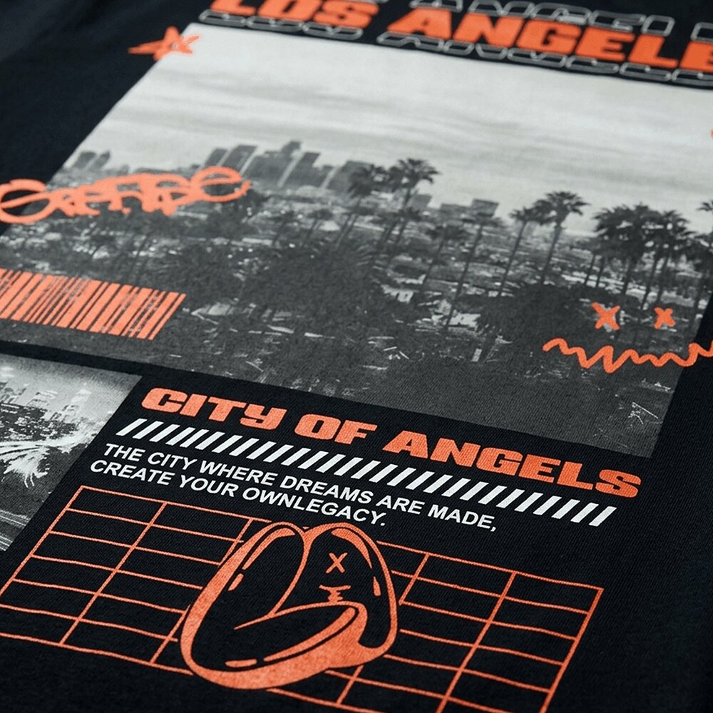 Close-up of a soft-hand DTG print on a cotton t-shirt