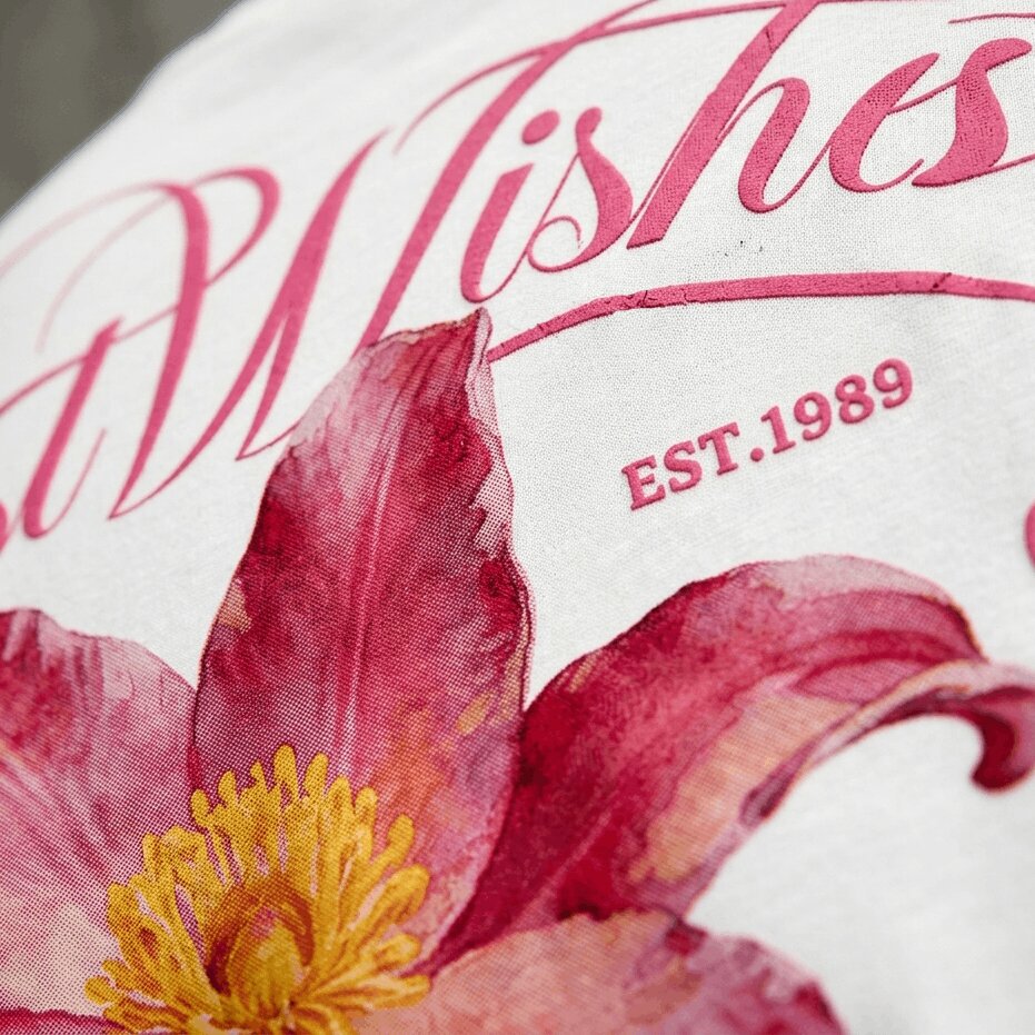 Close-up of a bold opaque screen print on a t-shirt