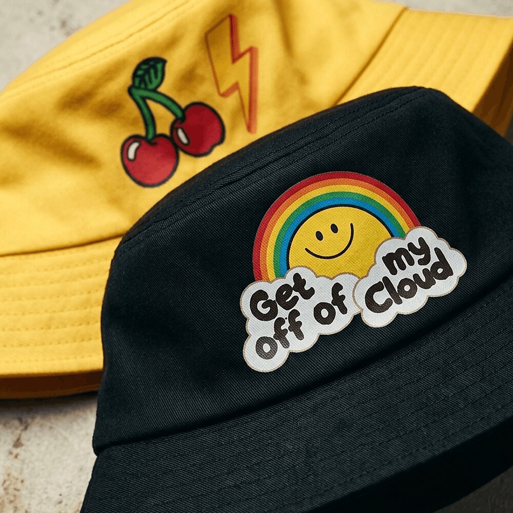 Water-based transfer graphic on a bucket hat panel
