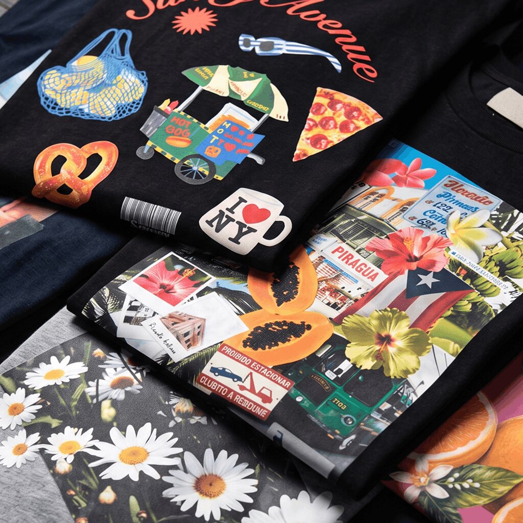 Water-based transfer prints across a cotton tee, polyester jersey, hoodie, cap, and tote bag