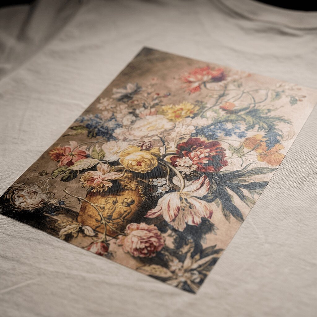 Water-based-transfer-printed apparel with a full-color streetwear graphic