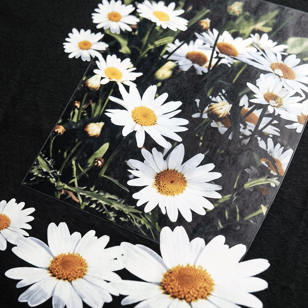 Water-based-transfer-printed apparel with a full-color streetwear graphic