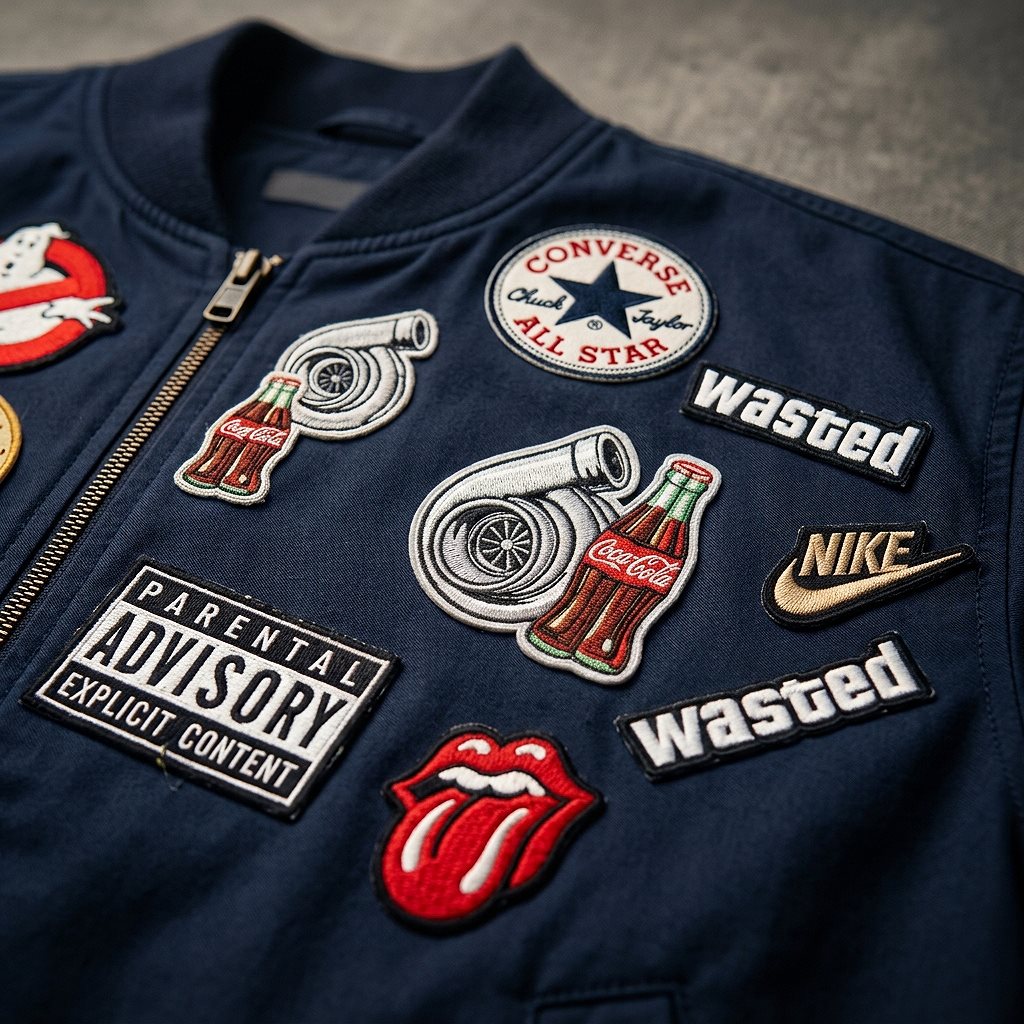 Woven monogram crest patch on a bomber jacket