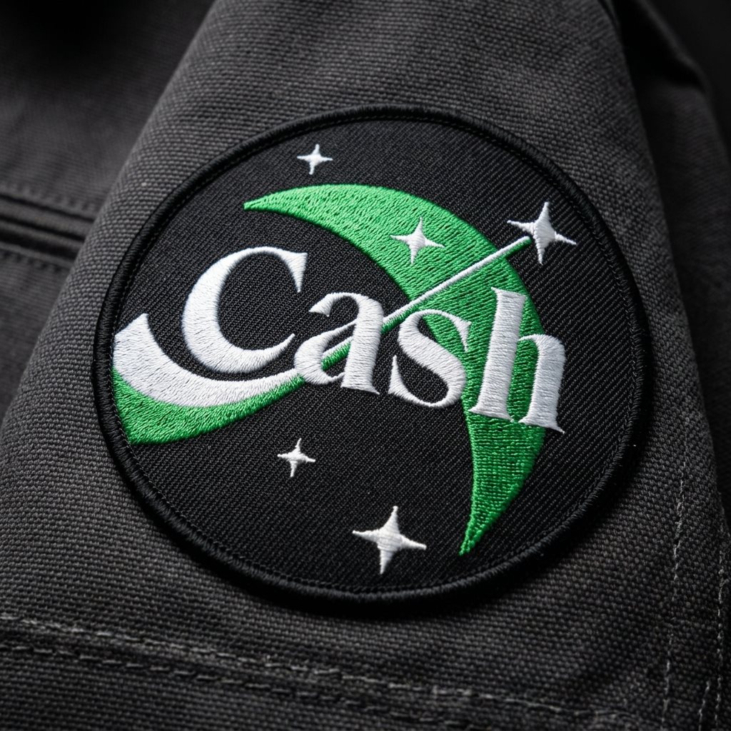 green and white Cash embroidered patch on black fabric