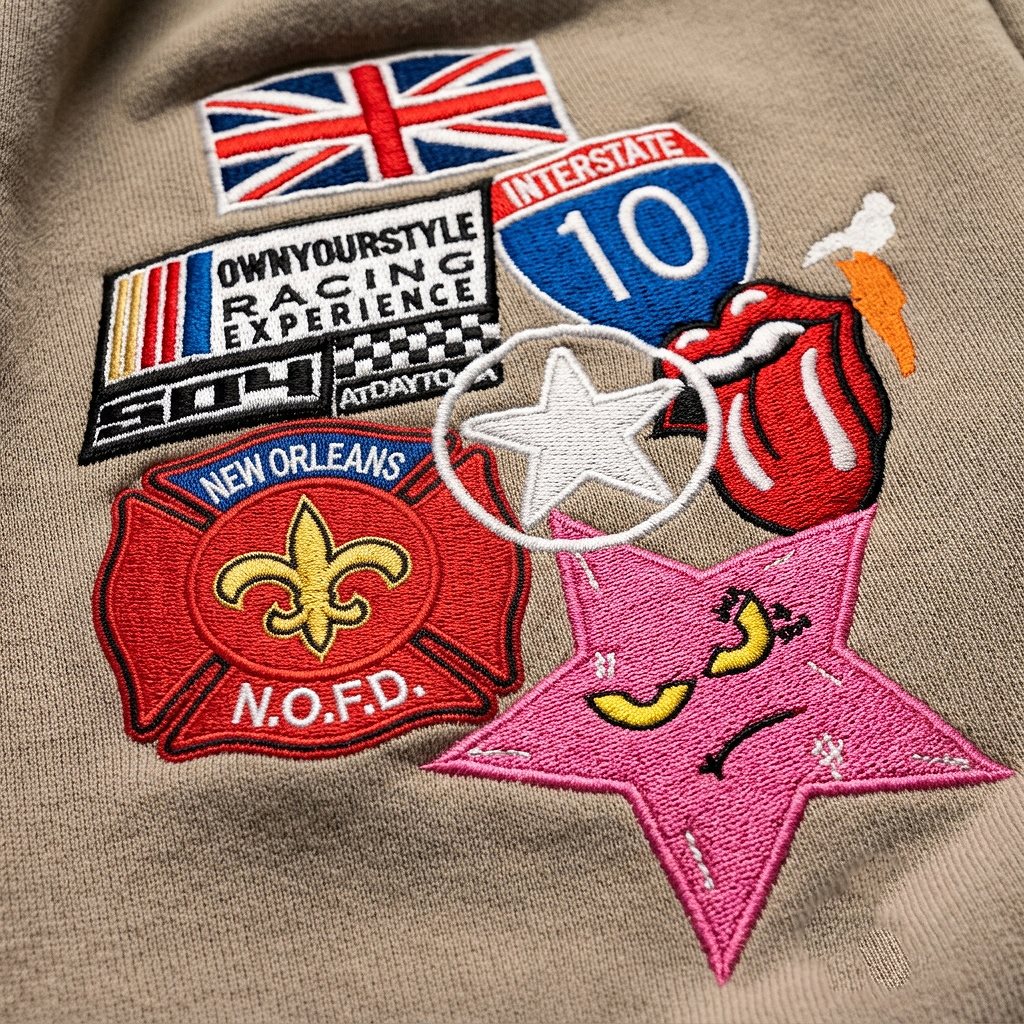 collection of custom woven and embroidered patches