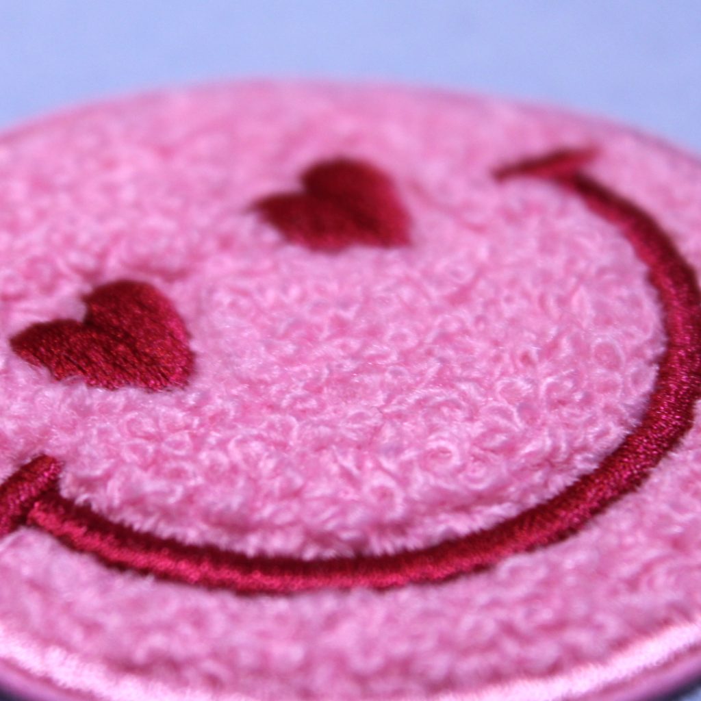 pink smiley chenille patch